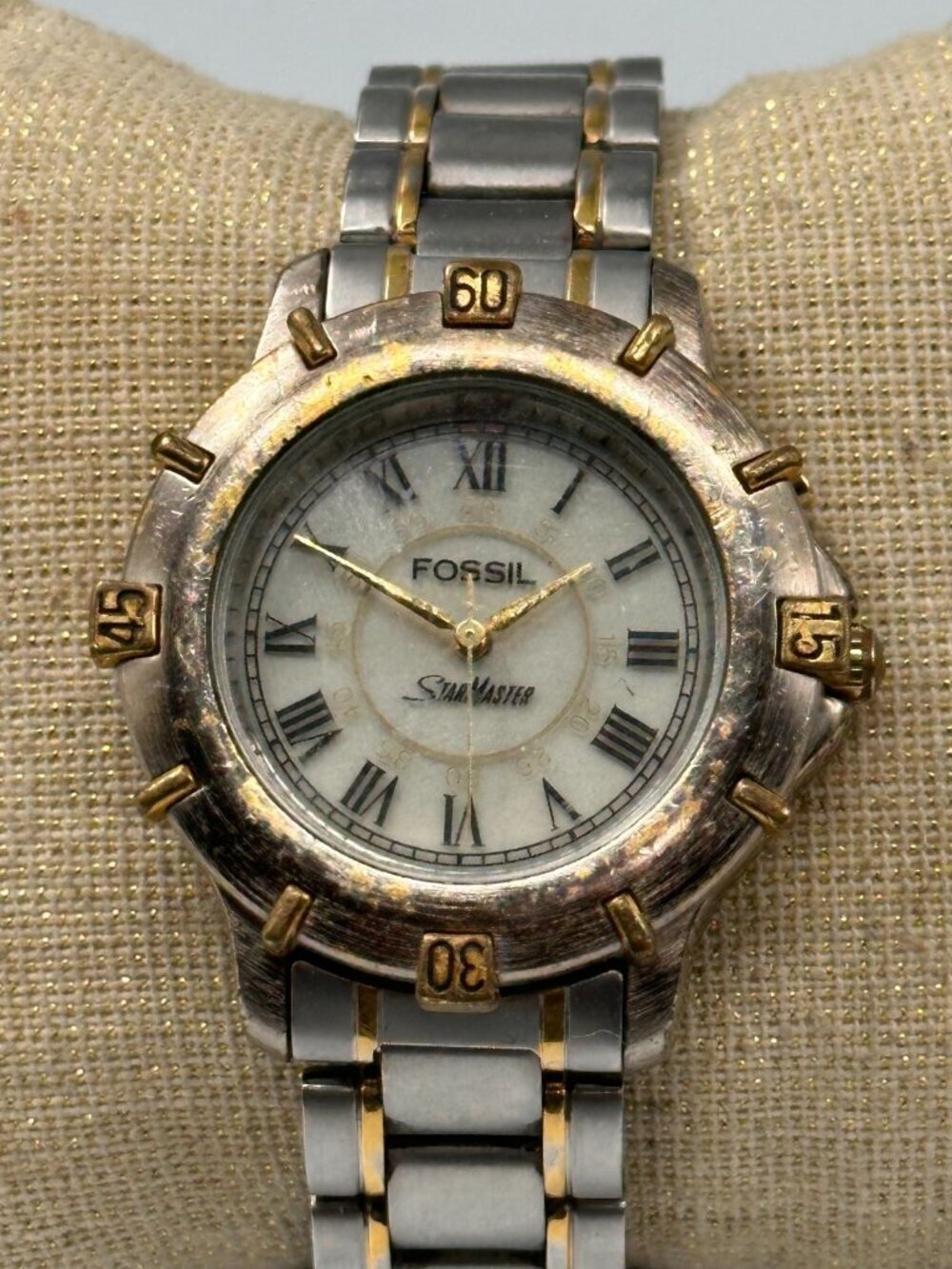 Vintage Fossil Star Master Watch Two Tone Stainless Steel New Battery 7.5"